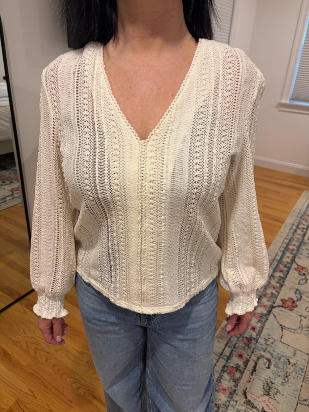 Open‑Knit Cream V‑Neck Blouse with Smocked Cuffs NWT